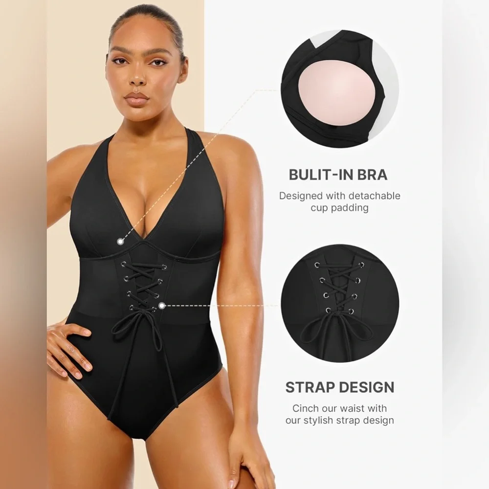 SHAPELLX Women's Slimming Swimwear Push Up V Neck Tummy Control Swim Suits Blue